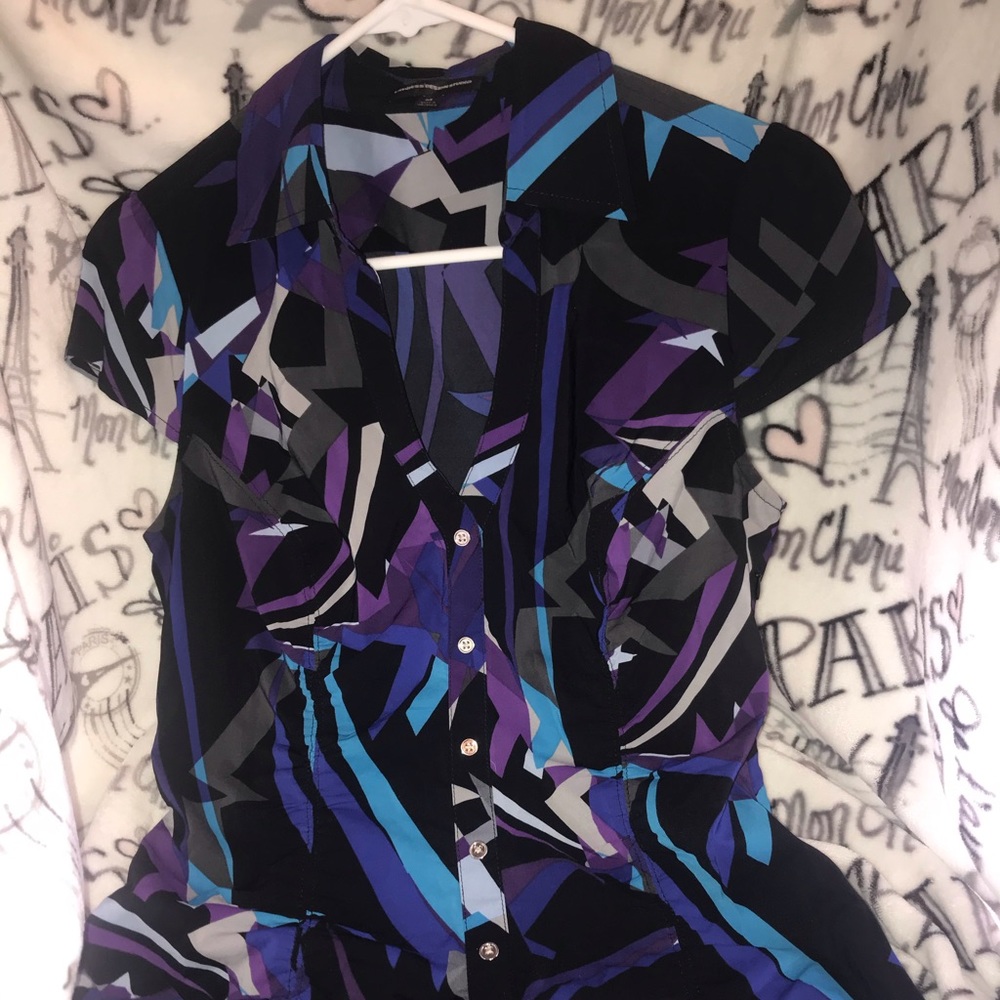 Purple Express button up blouse with cap sleeves